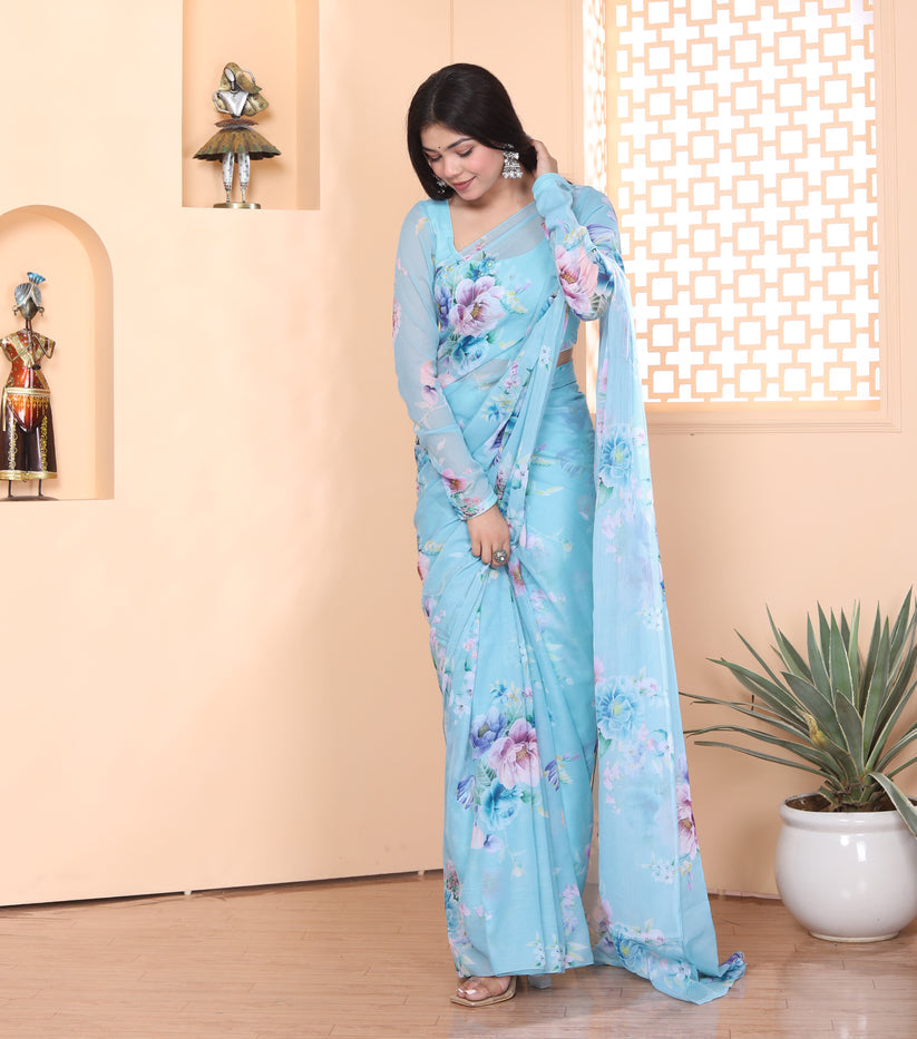 1-MIN READY TO WEAR  SKY PHULWARI  SAREE IN HEAVY GEORGETTE WITH BANGLORI BLOUSE