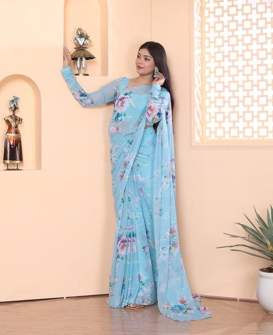 1-MIN READY TO WEAR  SKY PHULWARI  SAREE IN HEAVY GEORGETTE WITH BANGLORI BLOUSE