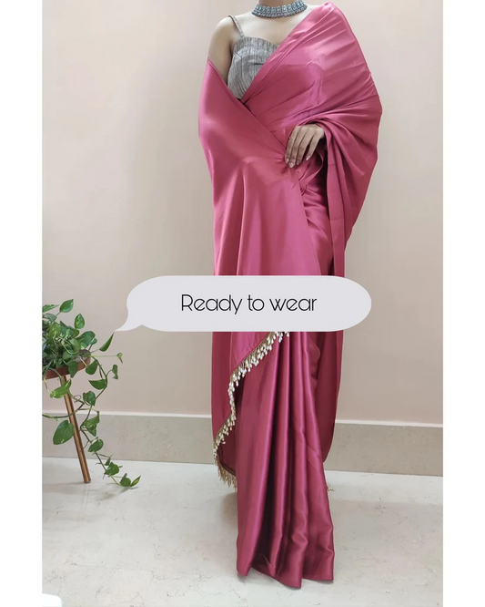 1-MIN READY TO WEAR Rose Pink Satin Silk Saree With Handmade Tassels On Pallu