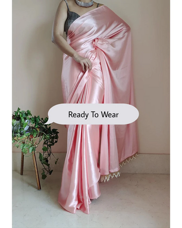 1-MIN READY TO WEAR Peach Satin Silk Saree With Handmade Tassels On Pallu