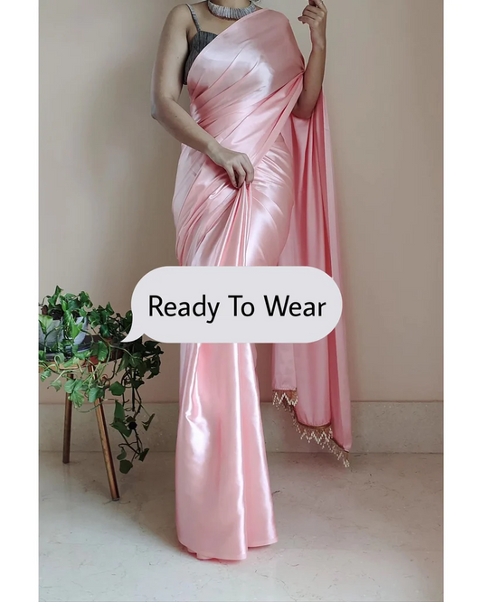 1-MIN READY TO WEAR Peach Satin Silk Saree With Handmade Tassels On Pallu