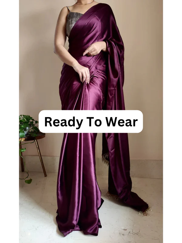 1-MIN READY TO WEAR SAREE IN DARK WINE PREMIUM SATIN SILK