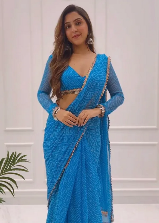 Glorious 1 Minute Ready To Wear Blue Color Digital Printed Georgette Saree