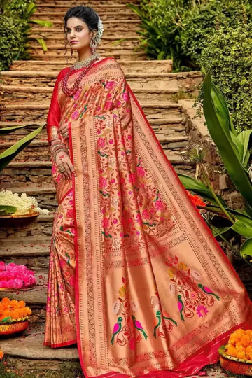 Vestigial Red Paithani Silk Saree With Nemesis