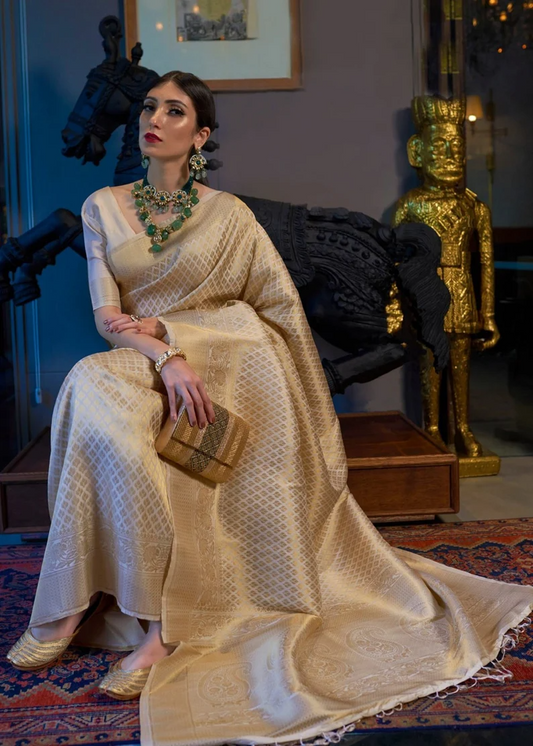 Elision Beige Kanjivaram Silk Saree With Dazzling Blouse Piece