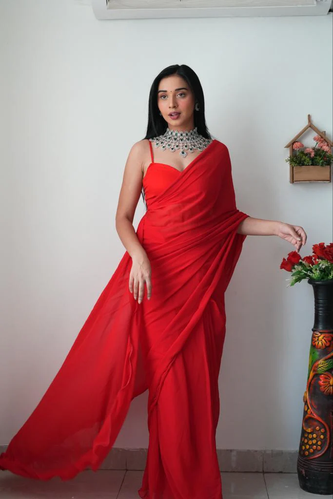 Alia Bhatt Inspired 1-Min Ready To Wear Saree In Premium georgette Red