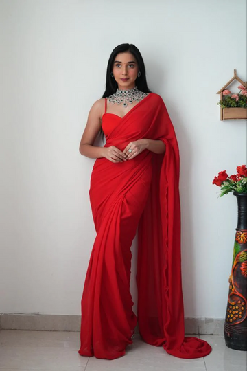 1-Min Ready To Wear Saree In Premium georgette Red