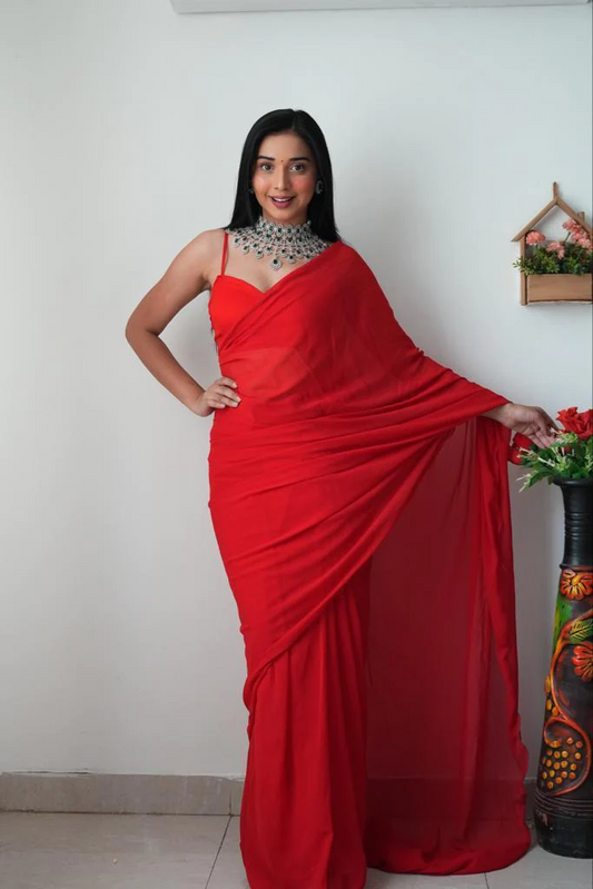 1-Min Ready To Wear Saree In Premium georgette Red