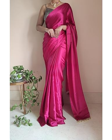 1-MIN READY TO WEAR Hot Pink Satin Silk Saree With Handmade Tassels On Pallu