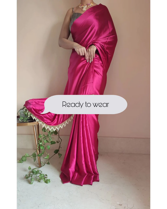 1-MIN READY TO WEAR Hot Pink Satin Silk Saree With Handmade Tassels On Pallu