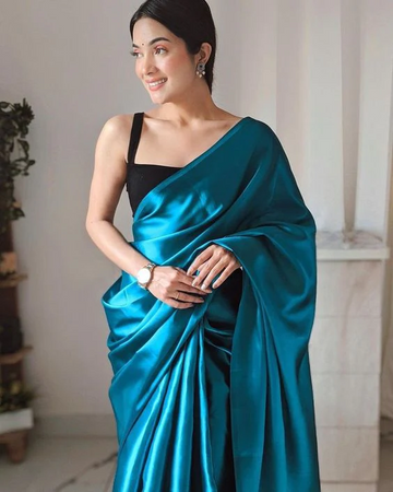 Peacock Blue Satin Silk Saree With Handmade Tassels on Pallu