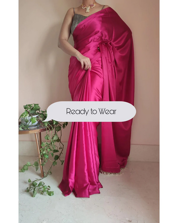 1-MIN READY TO WEAR Hot Pink Satin Silk Saree With Handmade Tassels On Pallu