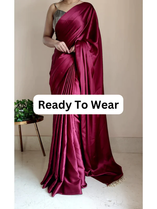 1-MIN READY TO WEAR SAREE IN CHERRY WINE PREMIUM SATIN SILK