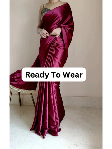 1-MIN READY TO WEAR SAREE IN CHERRY WINE PREMIUM SATIN SILK