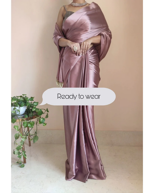 1-MIN READY TO WEAR Rose Gold Satin Silk Saree With Handmade Tassels On Pallu