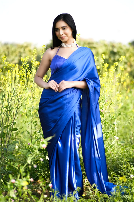 1-Min Ready To Wear Saree In Premium Satin Silk Blue