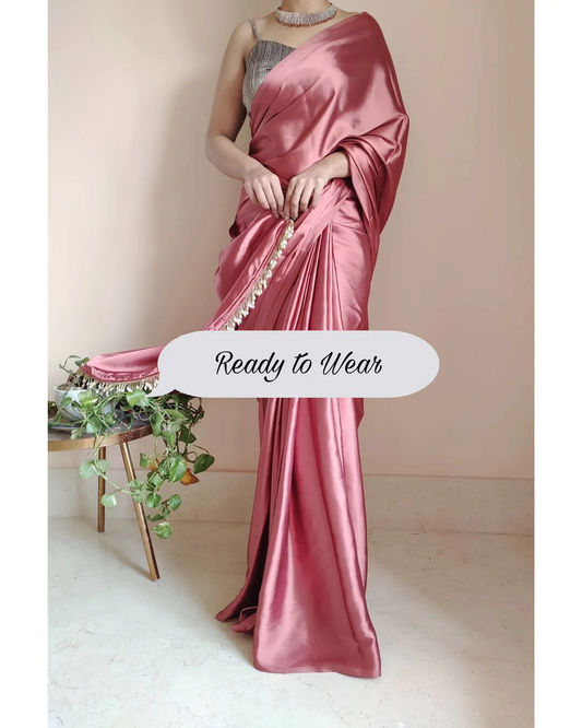 1-MIN READY TO WEAR Dusty Rose Satin Silk Saree With Handmade Tassels On Pallu