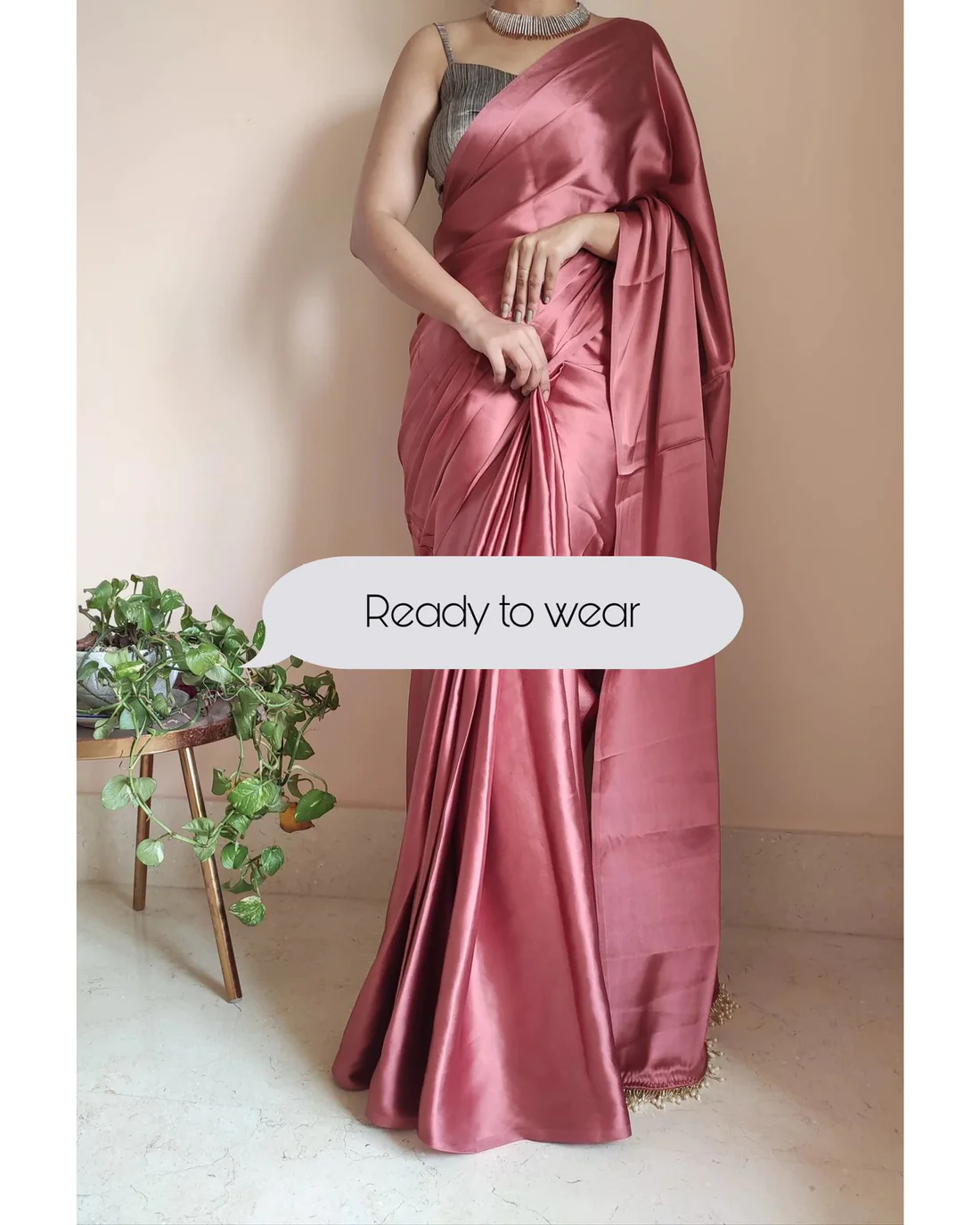 1-MIN READY TO WEAR Dusty Rose Satin Silk Saree With Handmade Tassels On Pallu