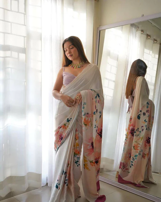 1 MIN Ready To Wear Saree In White Floral Sartin Saree