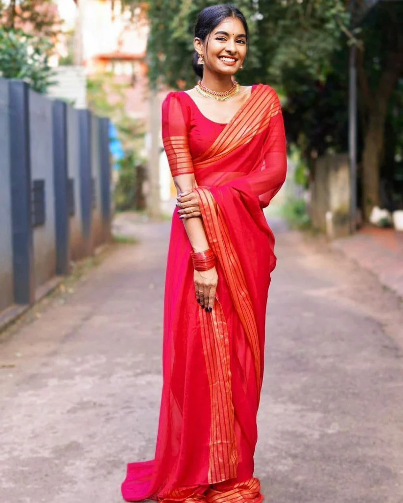 1-MIN READY TO WEAR SAREE IN PREMIUM CHIFFON SILK WITH ZARI PATTA