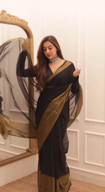 1-MIN READY TO WEAR SAREE BLACK IN PREMIUM CHIFFON SILK WITH ZARI PATTA