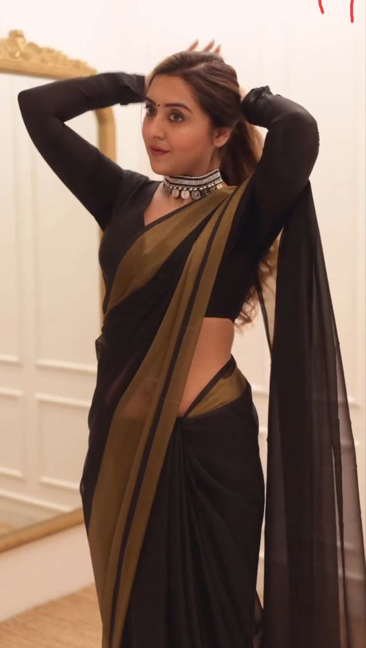 1-MIN READY TO WEAR SAREE BLACK IN PREMIUM CHIFFON SILK WITH ZARI PATTA