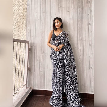 Premium Georgette Animal Pleated Crushed Saree